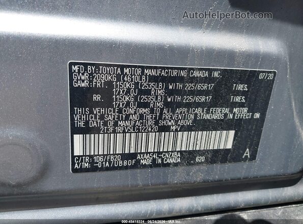 2T3F1RFV5LC122420 2020 TOYOTA RAV4 Silver Vista del compartimento del motor
