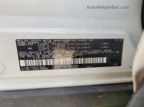 2T3F1RFV5LW105292 2020 TOYOTA RAV4 White Vista de la etiqueta del VIN