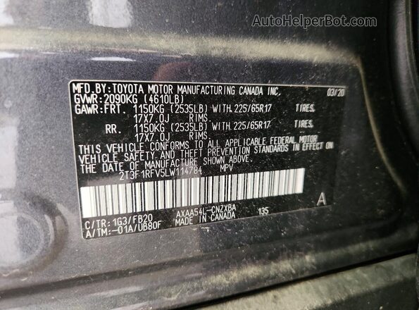 2T3F1RFV5LW114784 2020 TOYOTA RAV4 Gray VIN կոդի պիտակի տեսք