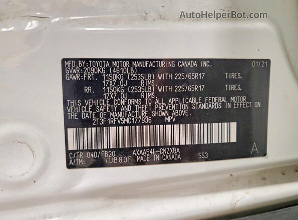 2T3F1RFV5MC177936 2021 TOYOTA RAV4 White VIN კოდის სტიკერის ხედი