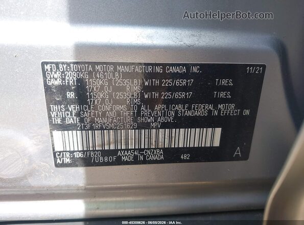 2T3F1RFV5MC251629 2021 TOYOTA RAV4 Silver Vista del compartimento del motor
