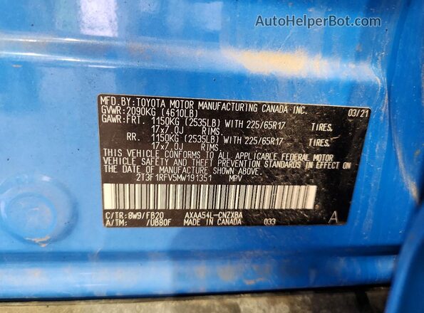 2T3F1RFV5MW191351 2021 TOYOTA RAV4 Blue Widok wnętrza 360 stopni