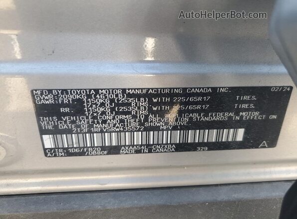 2T3F1RFV5RW435572 2024 TOYOTA RAV4 Silver VIN sticker view