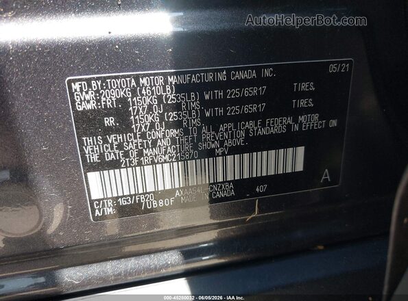 2T3F1RFV6MC215870 2021 TOYOTA RAV4 Gray Vista del compartimento del motor