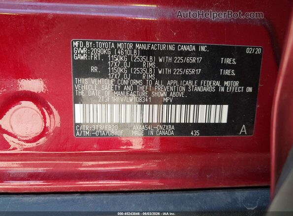 2T3F1RFV7LW108341 2020 TOYOTA RAV4 Красный 