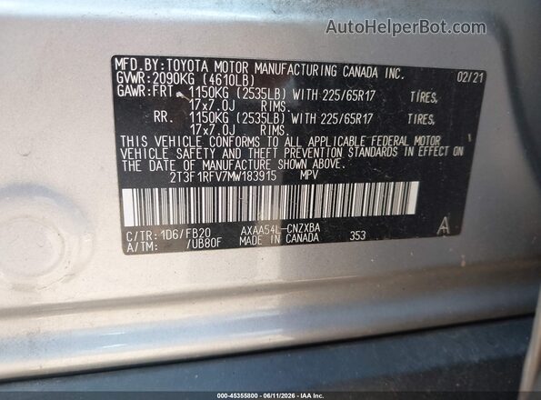 2T3F1RFV7MW183915 2021 TOYOTA RAV4 Silver ძრავის განყოფილების ხედი