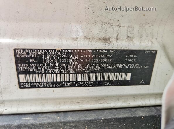 2T3F1RFV8KC043399 2019 TOYOTA RAV4 White 
