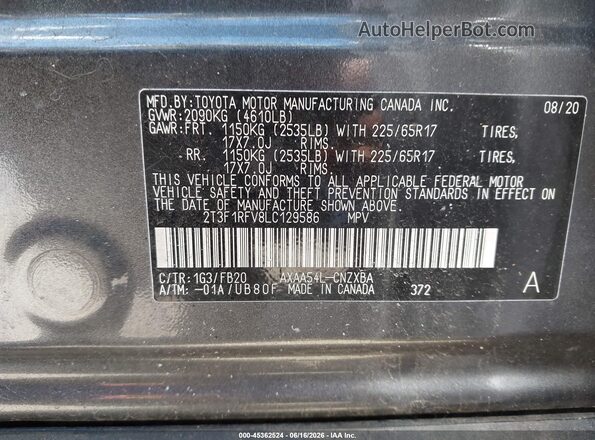 2T3F1RFV8LC129586 2020 TOYOTA RAV4 Gray Vista del compartimento del motor