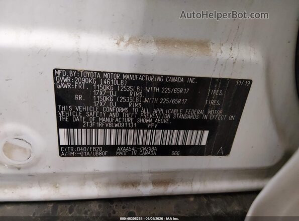 2T3F1RFV8LW091131 2020 TOYOTA RAV4 White Widok komory silnika