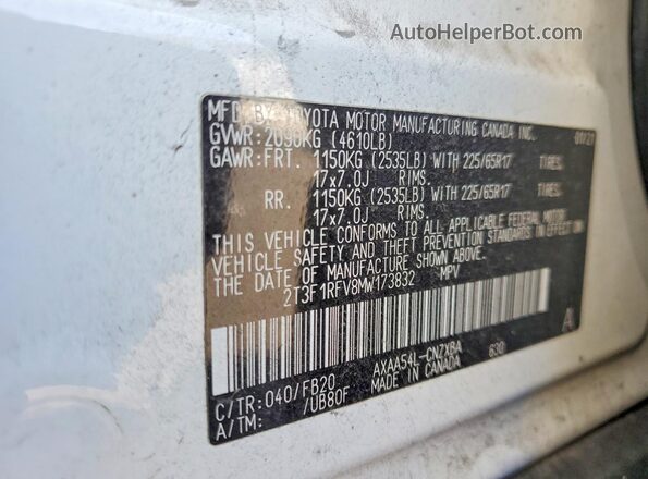 2T3F1RFV8MW173832 2021 TOYOTA RAV4 White Вид наклейки з VIN-кодом