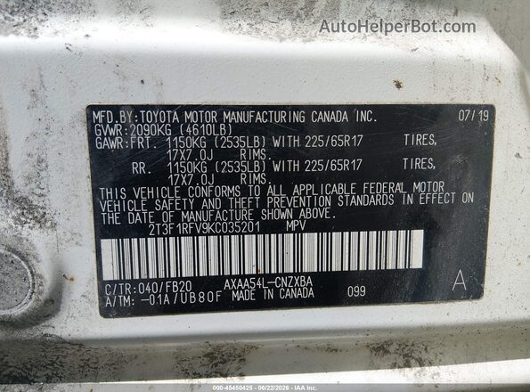 2T3F1RFV9KC035201 2019 TOYOTA RAV4 White Engine compartment view