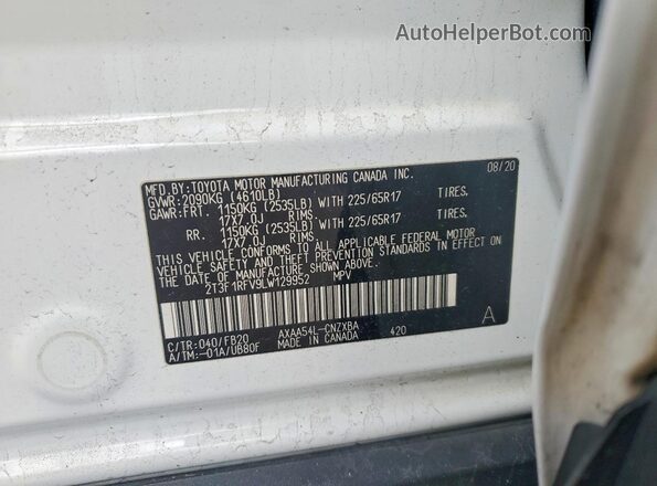 2T3F1RFV9LW129952 2020 TOYOTA RAV4 White Vista interior de 360 grados