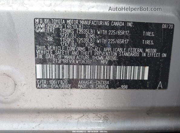 2T3F1RFV9LW136397 2020 TOYOTA RAV4 Silver Շարժիչի բաժամունքի տեսք