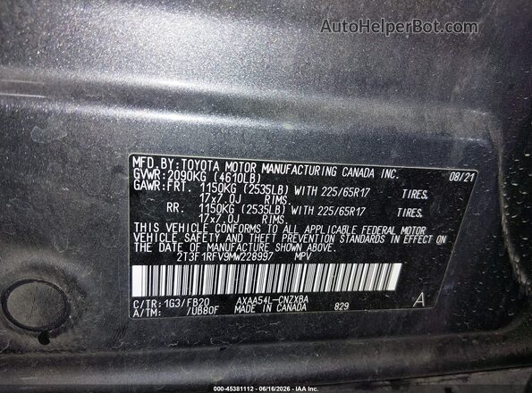 2T3F1RFV9MW228997 2021 TOYOTA RAV4 Gray Շարժիչի բաժամունքի տեսք