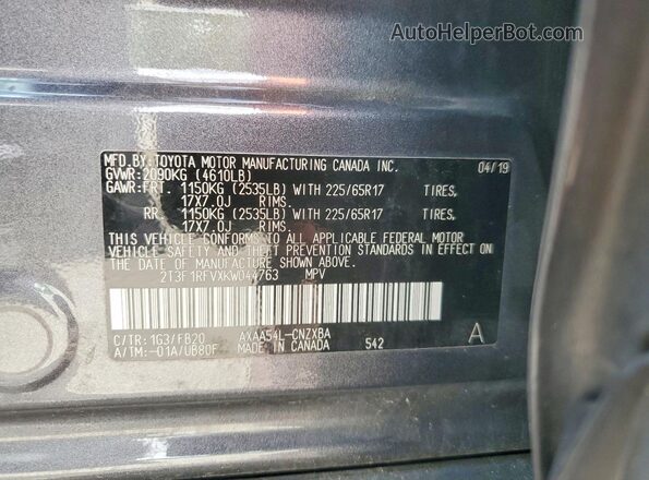 2T3F1RFVXKW044763 2019 TOYOTA RAV4 Gray 
