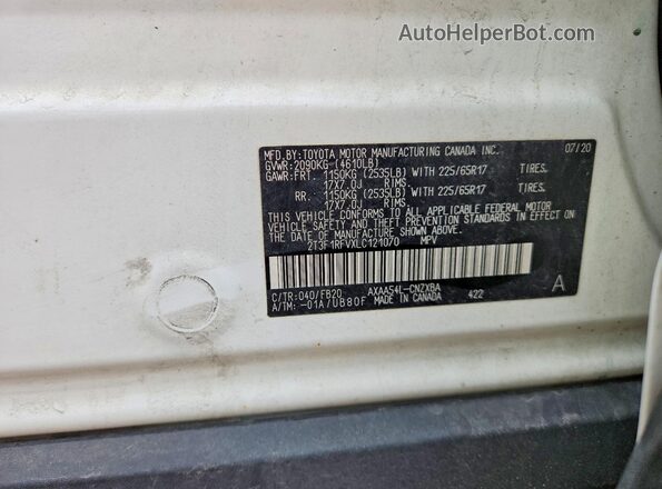 2T3F1RFVXLC121070 2020 TOYOTA RAV4 White VIN կոդի պիտակի տեսք