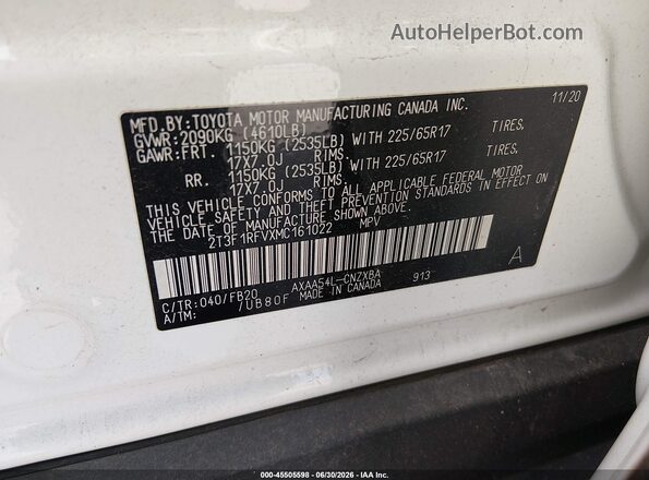 2T3F1RFVXMC161022 2021 TOYOTA RAV4 Белый Вид подкапотного пространства