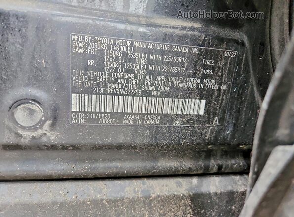 2T3F1RFVXNW322758 2022 TOYOTA RAV4 Black Vista de la etiqueta del VIN
