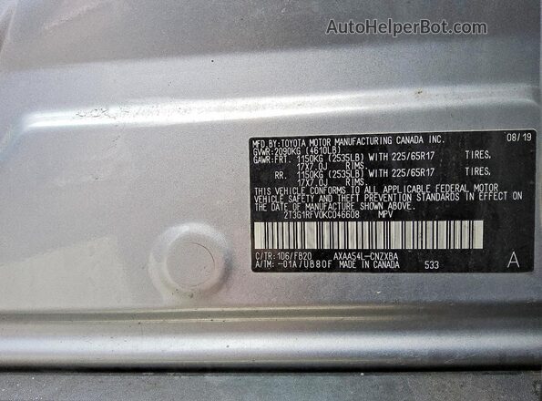 2T3G1RFV0KC046608 2019 TOYOTA RAV4 Silver 