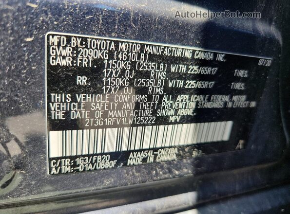 2T3G1RFV1LW125222 2020 TOYOTA RAV4 Gray Widok naklejki z numerem VIN