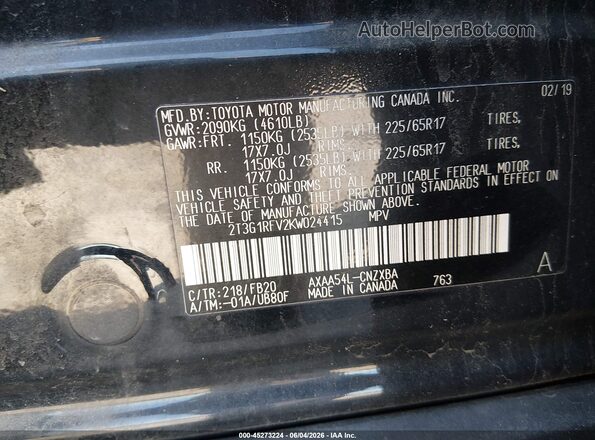 2T3G1RFV2KW024415 2019 TOYOTA RAV4 Black Вид підкапотного простору