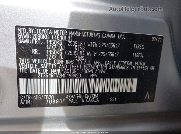 2T3G1RFV2MC199820 2021 TOYOTA RAV4 Silver Engine compartment view