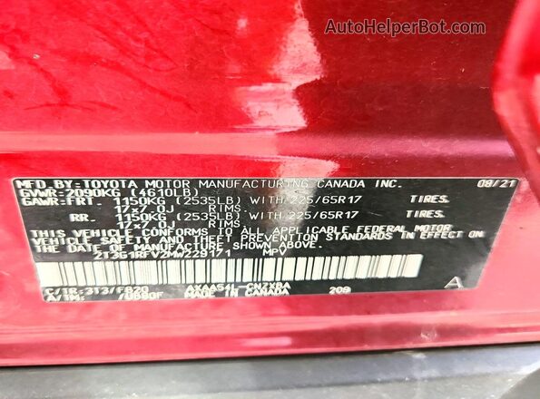2T3G1RFV2MW229171 2021 TOYOTA RAV4 Red სალონის 360-გრადუსიანი ხედი