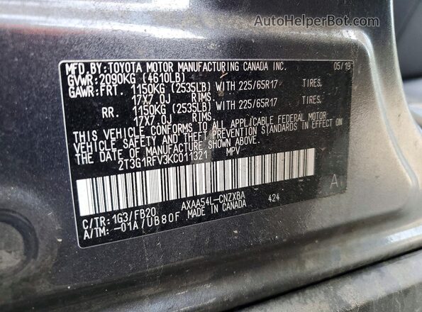 2T3G1RFV3KC011321 2019 TOYOTA RAV4 Gray 