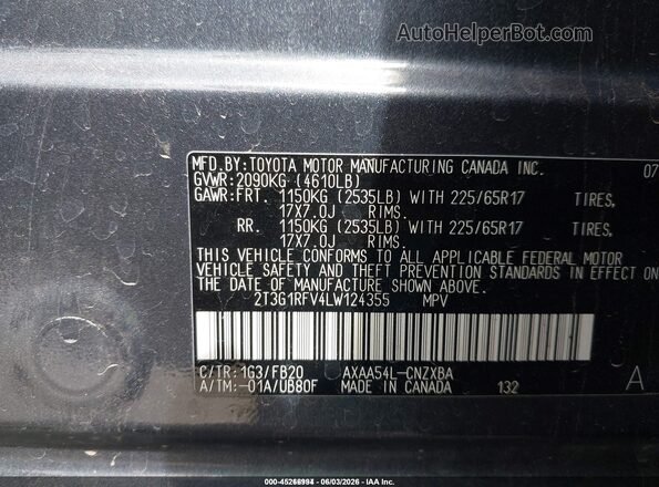 2T3G1RFV4LW124355 2020 TOYOTA RAV4 Gray Vista del compartimento del motor