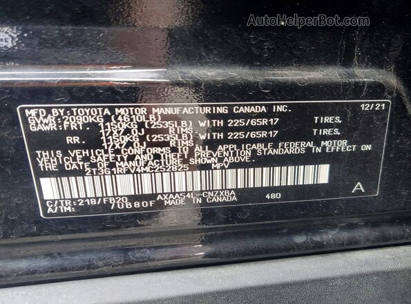 2T3G1RFV4MC252825 2021 TOYOTA RAV4 Black Widok naklejki z numerem VIN