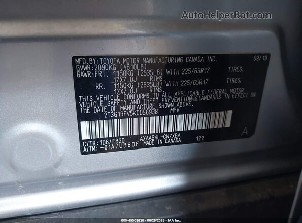 2T3G1RFV5KC056938 2019 TOYOTA RAV4 Silver ძრავის განყოფილების ხედი