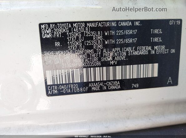 2T3G1RFV7KC035086 2019 TOYOTA RAV4 Белый Вид подкапотного пространства