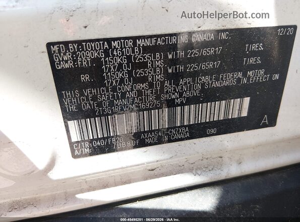 2T3G1RFV7MC169275 2021 TOYOTA RAV4 White Engine compartment view