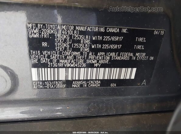 2T3G1RFV8KW045236 2019 TOYOTA RAV4 Gray 
