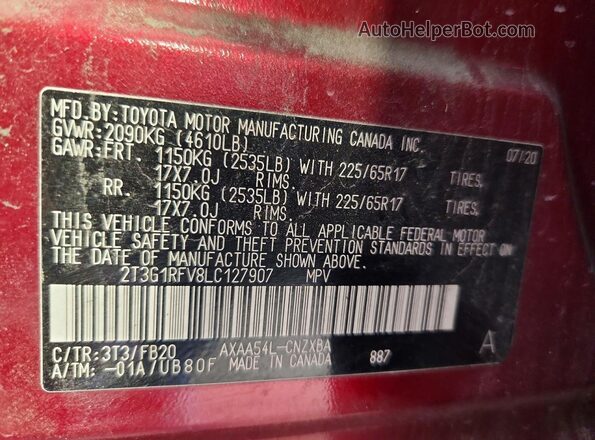 2T3G1RFV8LC127907 2020 TOYOTA RAV4 Burgundy 