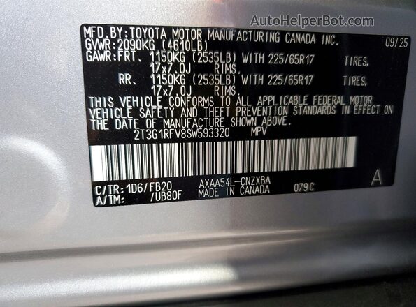 2T3G1RFV8SW593320 2025 TOYOTA RAV4 Silver VIN կոդի պիտակի տեսք
