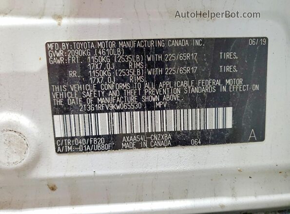 2T3G1RFV9KW065530 2019 TOYOTA RAV4 White VIN կոդի պիտակի տեսք