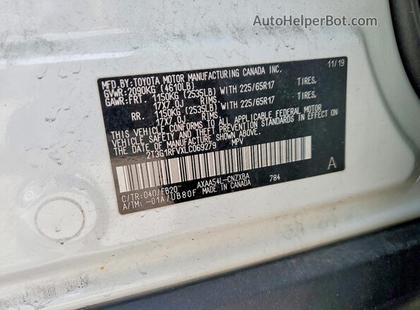 2T3G1RFVXLC069279 2020 TOYOTA RAV4 White Widok naklejki z numerem VIN
