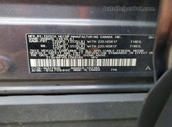 2T3H1RFV0LC068288 2020 TOYOTA RAV4 Gray VIN կոդի պիտակի տեսք