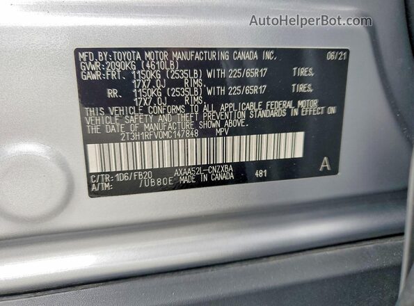 2T3H1RFV0MC147848 2021 TOYOTA RAV4 Silver Widok naklejki z numerem VIN