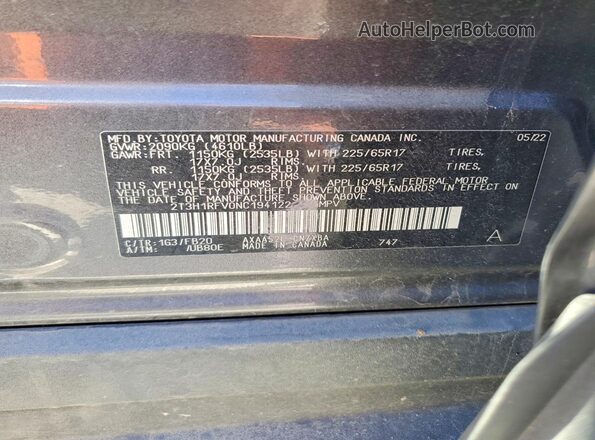2T3H1RFV0NC194122 2022 TOYOTA RAV4 Gray VIN კოდის სტიკერის ხედი