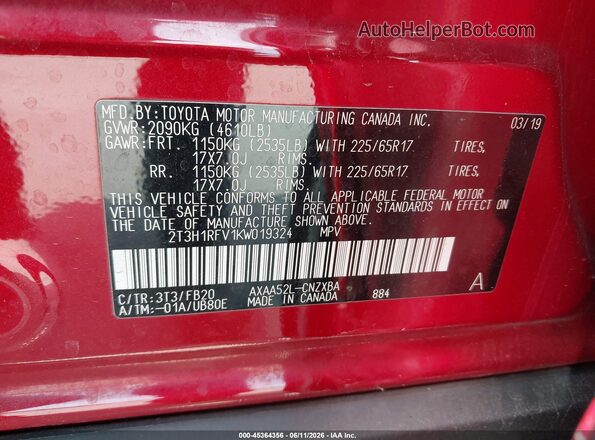 2T3H1RFV1KW019324 2019 TOYOTA RAV4 Красный Вид подкапотного пространства