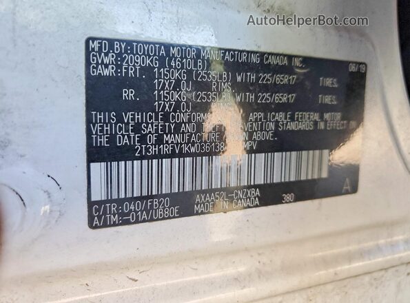 2T3H1RFV1KW036138 2019 TOYOTA RAV4 White VIN կոդի պիտակի տեսք