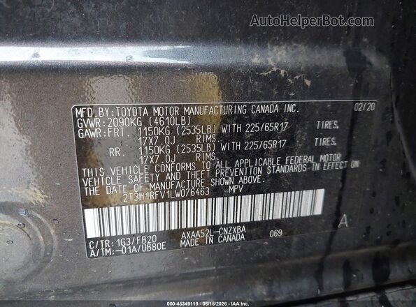 2T3H1RFV1LW076463 2020 TOYOTA RAV4 Gray Vista del compartimento del motor