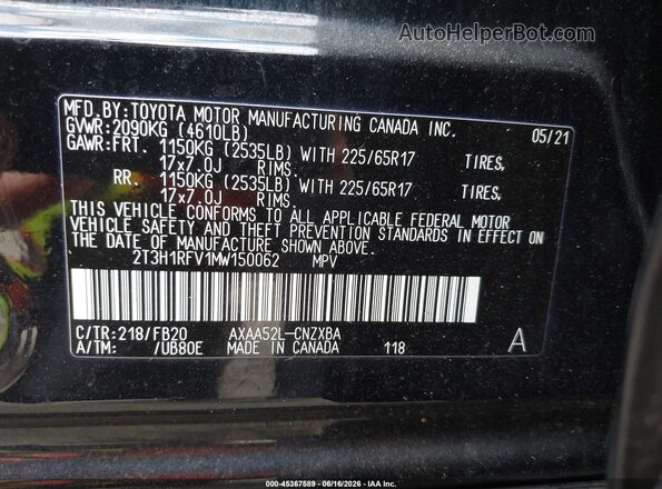 2T3H1RFV1MW150062 2021 TOYOTA RAV4 Black 