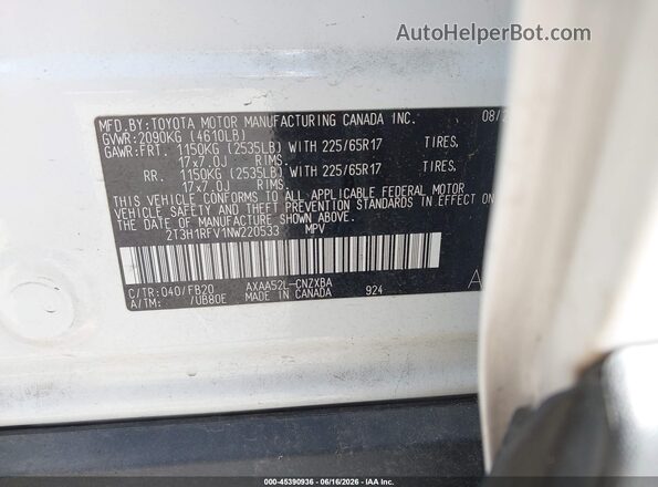 2T3H1RFV1NW220533 2022 TOYOTA RAV4 White Շարժիչի բաժամունքի տեսք