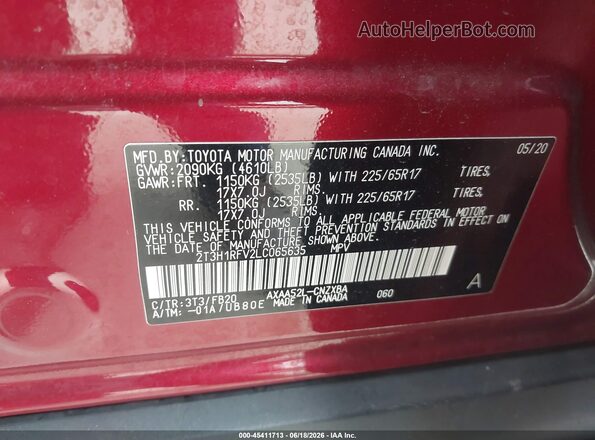 2T3H1RFV2LC065635 2020 TOYOTA RAV4 Red Engine compartment view