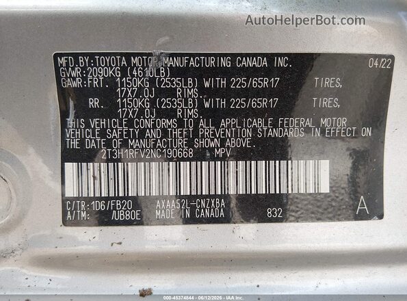 2T3H1RFV2NC190668 2022 TOYOTA RAV4 Silver Engine compartment view
