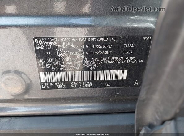 2T3H1RFV2NC195613 2022 TOYOTA RAV4 Gray Շարժիչի բաժամունքի տեսք