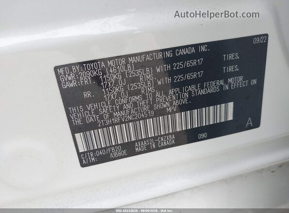 2T3H1RFV2NC204519 2022 TOYOTA RAV4 White ძრავის განყოფილების ხედი